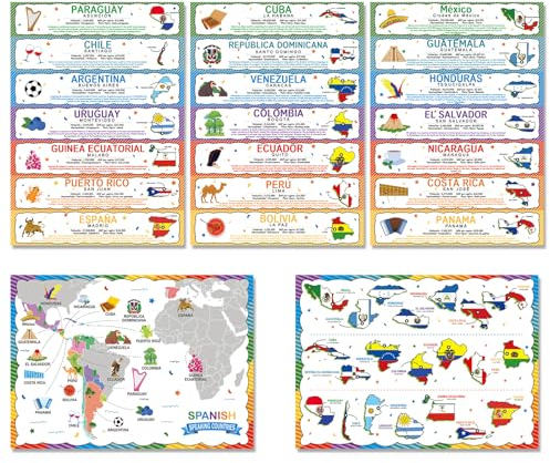 gisgfim Spanisch sprechende Länder (mit Karte) Poster Set Spanisch ESL Klassenzimmer Lernmaterialien Spanisch Klassenzimmer Dekorationen Lateinamerikanisches Land Lernposter Schüler und Lehrer 45,7 x