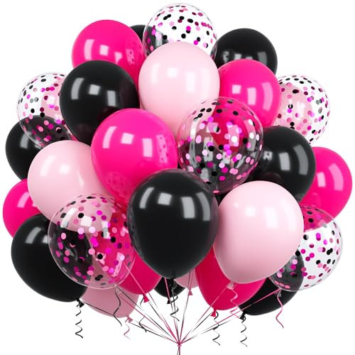 Ousuga 60 Pezzi Palloncini Rosa Neri, 12 Pollici Palloncini Rosa Pastello Opaco Rosa Caldo Fucsia Nero Coriandoli Palloncini Lattice per Ragazze Feste Compleanno Addio al Nubilato Matrimonio Battesimo