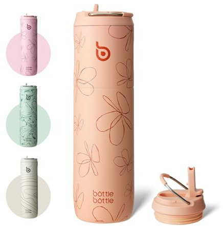 BOTTLE BOTTLE Bouteille d'eau isotherme avec couvercle à paille, poignée, en acier inoxydable à double paroi sous vide, anti-fuite, sans BPA, pour sport, voyage, salle de sport, passion pétale, 710 ml