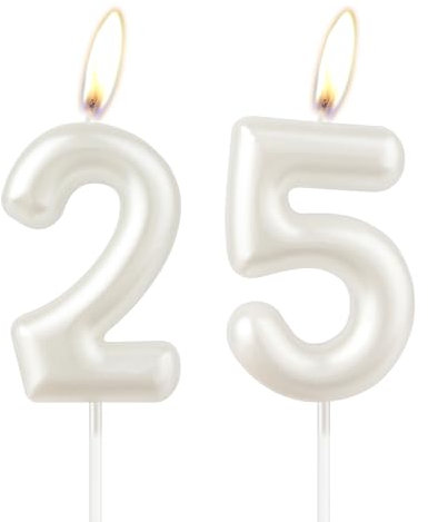 Perlweiße Geburtstagskerze, weiße Happy Birthday Zahl 25 Kerze, Kuchen-Kerzenaufsatz für Mädchen, Hochzeitstag, Gedenken