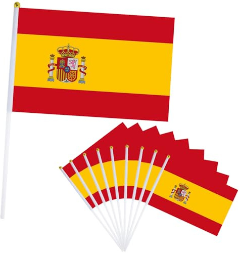 10 banderas de España para decoración de la Copa Mundial de Fifa 2026, mini bandera española de 14 x 21 cm, pequeñas banderas de España en palos, bandera española de mano para Eurovisión, Eurovisión