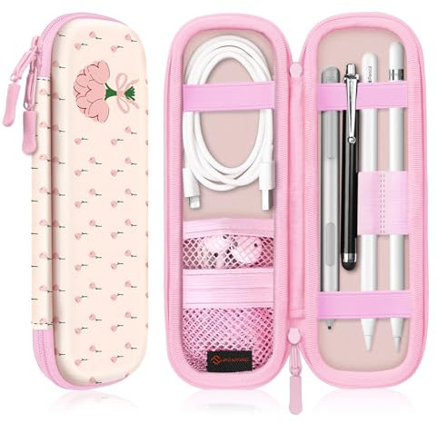 Fintie Custodia per Apple Pencil Pro, Apple Pencil (USB-C, 1a e 2a generazione), custodia per il trasporto in pelle PU compatibile con penna, cavo USB e stilo Samsung, tulipani