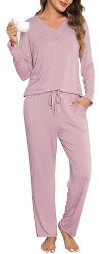 Wikoan Womens Pyjamas Set Warm 2 Pieces V-Neck Ladies Pyjamas Set Long Sleeve Soft Pjs Sets Top and Pants Pockets,Dusky Pink,XL