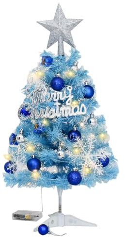 Mini Sapin de Noël Bleu 45CM, Arbre Artificiel de Table Lumineux avec Étoile, Cadeaux et Boules Décorées, Petit Arbre pour Jardin, Salon, Cheminée, Décoration