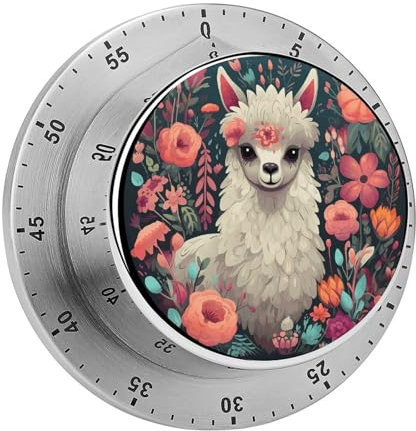 Timer, niedlicher Lama-Blumendruck, visueller Timer, mechanischer Küchentimer, Edelstahl, Countdown-Timer, 60-Minuten-Aufzieh-Timer