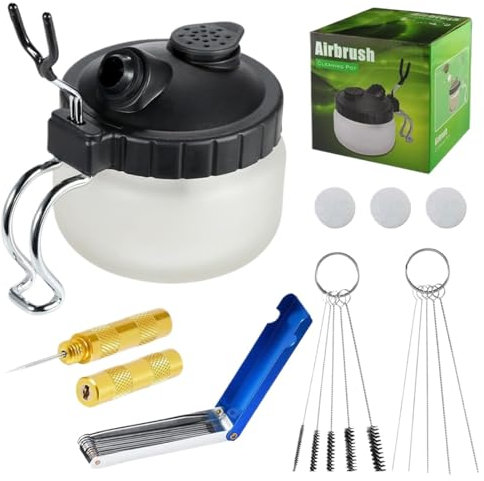Kit de lavage pour aérographe, kit de nettoyage pour aérographe, Pot de nettoyage avec station de support d'aérographe, Kit de lavage pour aérographe, 5 brosses de nettoyage pour enlever la peinture d