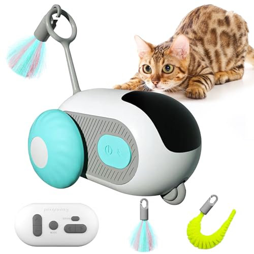 Taichaeu Katzenspielzeug Selbstbeschäftigung, Interaktives Katzenspielzeug, Fernbedienungsmodus + Automatischer Modus Katzenspielzeug Elektrisch mit Einem Federschwanz, USB Aufladbar