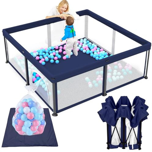 Laufstall Baby mit Matratze,127 * 127 Laufgitter baby Faltbar,Indoor&Outdoor Baby Laufgitter,Laufstall Faltbar mit 50 Ozeanbällen(blau)