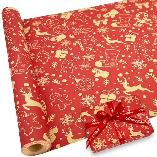 DOJoykey Weihnachts-Geschenkpapier, rotes festliches Design, 44 cm x 15 m, ideal für Geschenkverpackungen und Dekoration