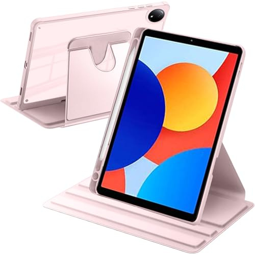 A-BEAUTY Custodia Rotante Compatibile con Xiaomi Redmi Pad SE 8.7 Pollici 4G 2024, con Portapenne, Antiurto Trasparente Cover, Auto Svegliati/Sonno, Rosa