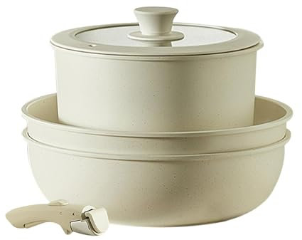 Gourmetific Batterie de cuisine antiadhésive avec poignée amovible pour poêles à frire - Blanc crème