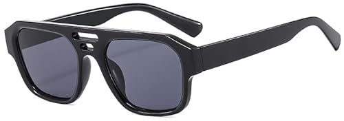 Long Keeper Retro Pilot Double Bridge Rectangle Pilot Sunglasses for Women Men Classic Square Eyewear Driving UV400 (Bright Black Grey)