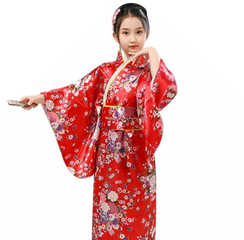 Kimono Japonais pour Filles, Robe Japonaise Kimono Enfant Imprimé Peignoir Long Robe Chinoise de Chambre Fille Gamins Traditionnel Classique Soie Tissu Peignoir Mariage Fête Performance Robes