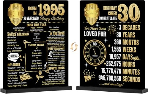 Benjia 30th Birthday Table Sign with Stand Happy 30 Years Old Birthday Signs Holder Table Display Born in 1995 UK Acrylic Poster Bday Gift Party Supply Home Decor For Men Women 20x25 cm Black Gold