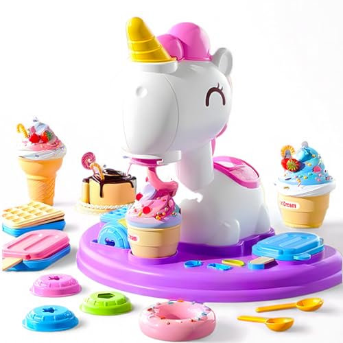 Unicorn Ice Cream Play Color Dough Set, Dough Accessories with Ice Cream Maker Machine, Art Crafts Food Toys Modelling Clay Set, Dough Tools Kit for Kids Ages 3+ (12 Colors Dough)