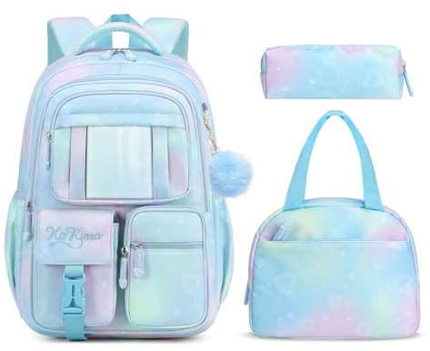 Tanou Schulrucksack Mädchen Rucksack Kinder, 3-teilig Schultasche mit Lunchpaket Mäppchen, Atmungsaktiv Wasserabweisender Nylon Schulranzen für Mädchen 1. bis 5. Klasse, Blau