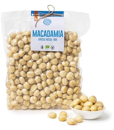 Nueces de macadamia jumbo ecológicas aromáticas de comercio justo 1000 g - 1 kg, crudas, sin tostar, nueces de macadamia de Kenia, extragrandes, veganas, paquete familiar, paquete económico