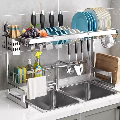 Escurridor de Platos de Acero Inoxidable con Cesta Colgante sobre el Fregadero. Soporte para Utensilios Que Ahorra Espacio en el Fregadero de Cocina para un Secado y Almacenamiento eficiente