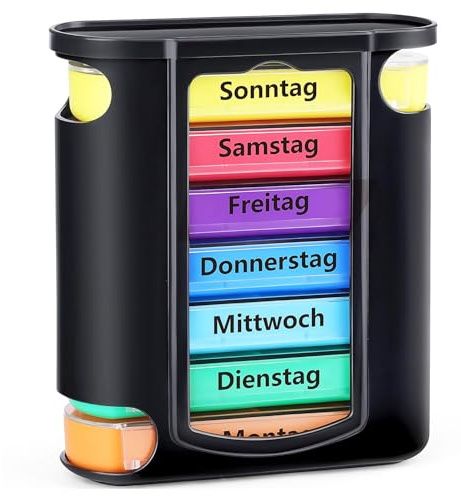 Tablettenbox für 7 Tage - Mit 4 Fächern pro Tag, Pillendose aus BPA-freiem Kunststoff (schwarz)