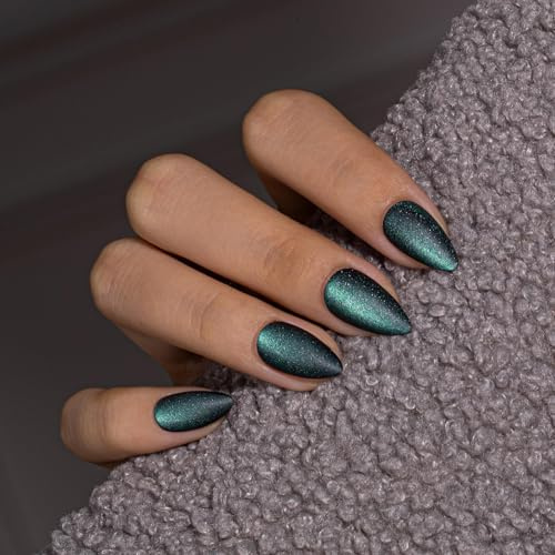 KQueenest Matt Cat Eye Press On Nails Kurz, Türkis Schwarz Nägel zum Aufkleben Mandel, Sparkle Fake Nails, Hochwertige Acryl Nägel Frauen, Samtiges Dunkel Chrom Effekt, 30 Stück