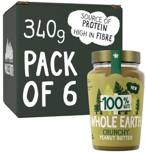 Whole Earth • 100% Crunchy Peanut Butter • 6 x 340g Jars | 100% Crunchy Peanut Butter • Nothing but Peanuts • High Protein • 6 x 340g Jars