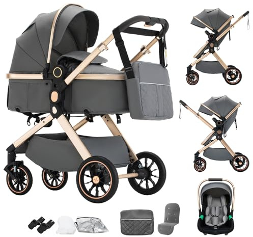 Shineey Kinderwagen 3 in 1, Alltags Buggy Faltbarer Kinderwagen Set, Kombikinderwagen 3 in 1 mit Großer Bequemer Babywanne, Laufwagen Rahmen Aluminiumlegierun (U9-X//DARK GREY, U9-X)