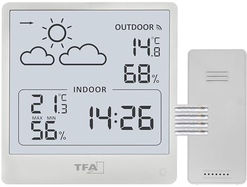 TFA Dostmann Cleo Funk Wetterstation innen/außen, 35.1176.02, mit Außensensor, Temperatur und Luftfeuchtigkeit, Wettervorhersage mit Luftdruck und Symbolen, digital, große Anzeige (weiß mit Batterien)