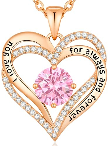 CDE Collier Femme Cadeau Bijoux Femme Pendentif Coeur Pierre de Naissance | Plaqué Or Rose,orné de 5A Zircone Cadeau Idee pour Noël Anniversaire Saint Valentin pour Elle Épouse Maman Copine Amie