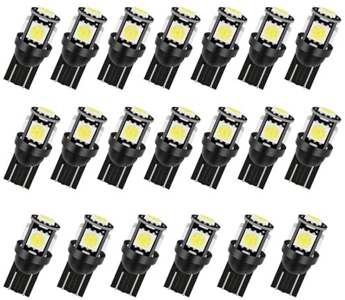 20PCS W5W LED Bulb, 501 LED Bulbs 5SMD 5050 Chipsets LED Replacement Bulbs T10 Wedge 12V DC 1W Cool White up to 3200K Number Plate Light LED Side Light for Car Interior Dome Map Trunk Courtesy Door