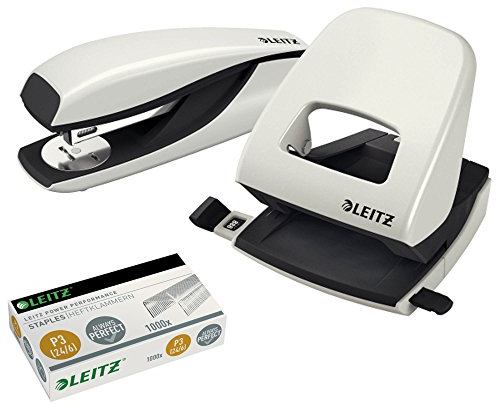 Leitz 5008 NeXXt Series Bürolocher, Metall, bis zu 30 Blatt / Kombi-Set mit Heftgerät + 1000 Klammern extra (grau)