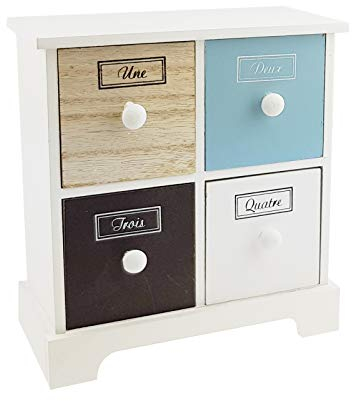 quantio Mini Schrank - 19 x 20,5 x 9,5 cm (BxHxT), 4 Schubladen, Holz, Weiß/Blau/Braun, Vintage Stil