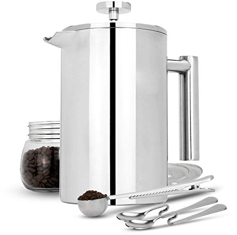 French Press Cafetiere | 1500ml Stainless Steel Coffee Press | Filters/Measuring Spoons/Bag Clip | Double Walled Insulation | 7pc Coffee Gift Set | M&W