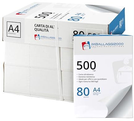 IMBALLAGGI 2000 - Risma Carta A4, 5 Pack da 500 Fogli 80 gr/mq Tot 2500 - Ideale per Rifornimento Cancelleria Ufficio, Bianca, Tutte le Stampanti