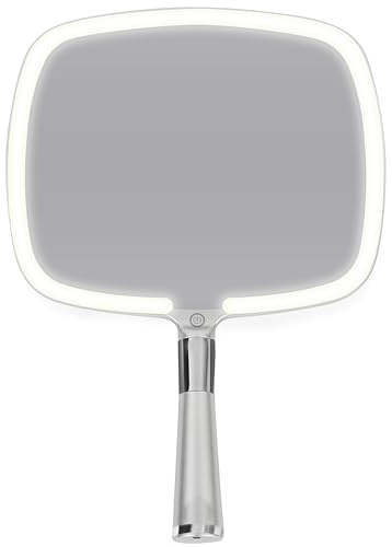 MIRRORVANA Lighted Travel Hand Mirror, 3 LED Modes, 33 x 23 cm (Silver) | Handheld Lash Mirror with Comfy Handle & Detachable Stand - Portable & Lightweight Design - Rechargeable with 3 Light Setting