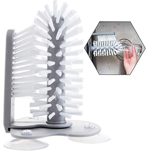 Glass Washer with Double Sided Bristle Brush, Glass Cup Brush Cleaner with Suction Cups, Standing Glass Bottle Cup Cleaner for Bar Kitchen Sink Washing Cleaning Tools