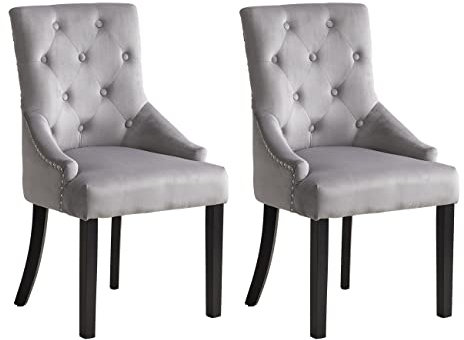 BonChoice Set of 2 Grey Velvet Dining Chairs with Knocker Studded Black Legs for Dining Room Kitchen Upholstered Accent Side Chairs for Bedroom, Living Room, Button Tufted Armchair
