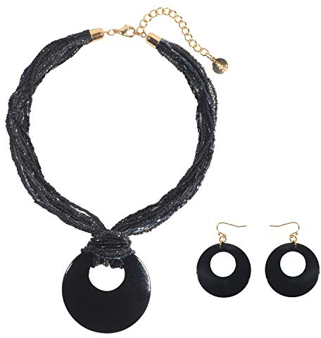 Mehrreihige bunte Perlen-Halskette mit großem Kreis-Muschel-Anhänger für Frauen (N0055-Black)