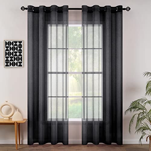 MIULEE Sheer Voile Vorhang mit Ösen Transparente Optik Gardine Vorhänge Ösenvorhang Ösenschal Transparent Durchsichtig Fensterschal für Schlafzimmer Wohnzimmer Babyroom 140x215 cm (B x H) Schwarz