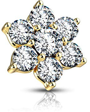 Paula & Fritz® Aufsatz-Dermal Anchor Blume Zirkonia Gold-klar 316L Chirurgenstahl 1,6-mm Gewinde Haut-Anker Skin Diver Implantat