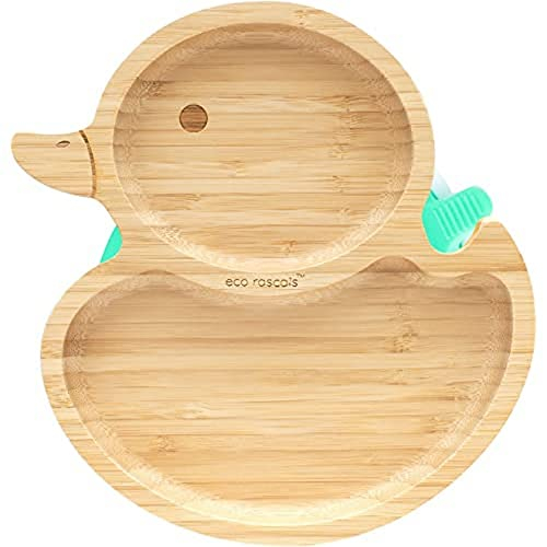 eco rascals Bamboo Baby & Toddler Duck Plate for Weaning - Cool to Touch, Hypoallergenic and BPA Free from 6 Months, Spill Proof Suction for Smooth Surfaces (Green)
