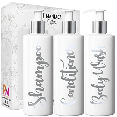 Print Maniacs 3 Set Mrs Hinch Inspired White Personalised Dispenser Pump Bottles Shampoo Conditioner Body Wash (Matt Silver)