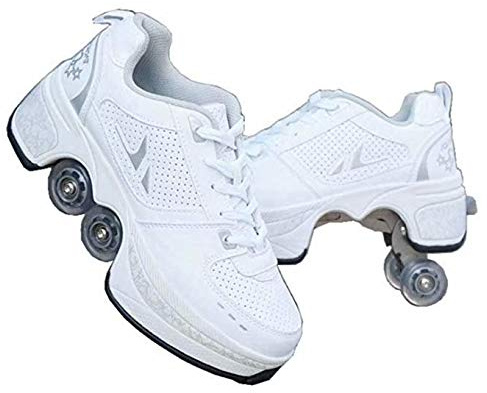 ScificWom Roller Skates Shoes, 2-in-1 Multi-Purpose Shoes with Wheels, Kick Roller Shoes,Roller Skates Shoes, Adjustable Quad Roller Skate Boots,Skating Schuhe,Silberweiß 31