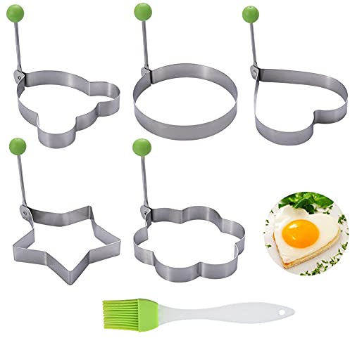 OUOQI 5 pcs Edelstahl Spiegelei Schimmel,Antihaft-Ei Ringe,Spiegeleiformen,Kreative OmelettForm,Blumenform,Herzform, Sternform, Mickey-Form,Runde Form,Mit Ölpinsel,Für Omelettepfannkuchen(3)
