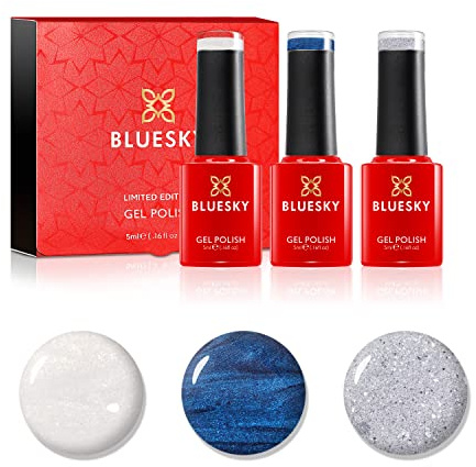 Bluesky Gel Nail Polish Set 3 x 5ml, Let It Snow, Blue White Silver | Three frosted shades that layer into snowy winter nail art or wear on their own. A neat gift for a growing gel collection.