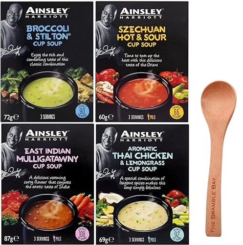 Cup Soup bundle contains Broccoli & Stilton, Szechuan Hot & Sour, Cream of Wild Mushroom, Sweet and Spicy Carribean, Total of 12 Sachets, Wooden Spoon