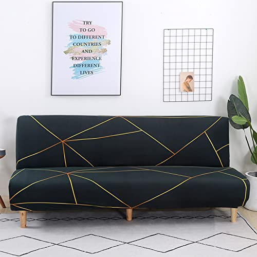 Futon Sofabezug ohne Armlehnen, rutschfest, faltbar, Stretchdruck, Futon-Sofa-Sitzbezüge ohne Armlehnen, ohne Armlehnen, Schonbezug für 2-3-Sitzer, klappbares Schlafsofa, ohne Arme (Black/Gold)