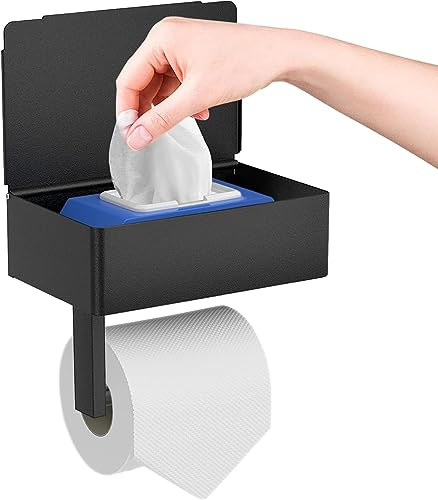 Toilettenpapierhalter ohne Bohren, GUIGUZI Edelstahl Toilettenpapierhalter mit Feuchttücherbox, Selbstklebender Klopapierhalter ohne Bohren, Klorollenhalter mit Ablage, Toilettenpapierhalter schwarz