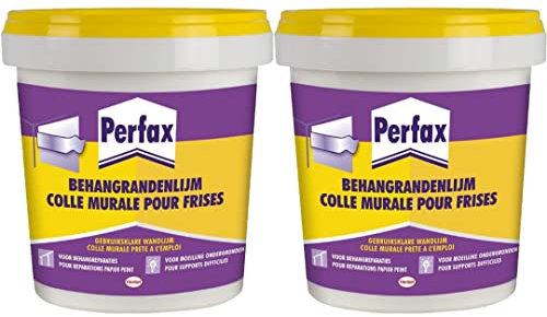 Perfax Tapeten und Bordüren Kleber, Ideal zum Kleben von dekorativen Tapetenkanten, fast alle Oberflächen, auch für Styroporplatten geeignet, direkt gebrauchsfertig, Größe von 2x 750g