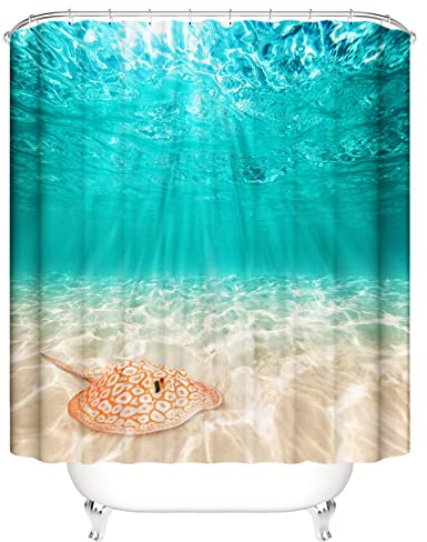 OCEUMACO 3D Unterwasserwelt Duschvorhang 180x180 Türkis Meer Manta Tiere Shower Curtains Textil Antischimmel Wasserdicht Beige Sand Duschvorhänge Badewanne Stoff aus Polyester Waschbar