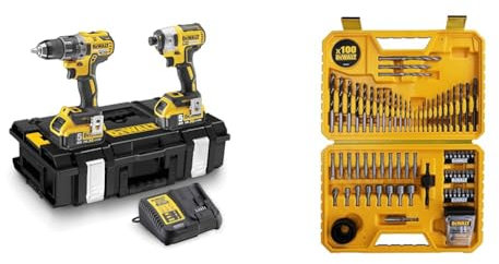 DEWALT - Kit 2 Outils avec Perceuse-Visseuse Percussion Compact DCD796 et Visseuse à Chocs DCF887, XR 18V, 5Ah & Coffret de 100 Pièces de Perçage et Vissage Haute Performance - DT71563-QZ